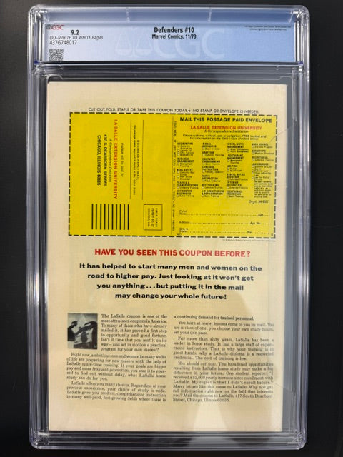 Defenders #10, CGC 9.2, OFF-WHITE to WHITE PAGES, Marvel Comics