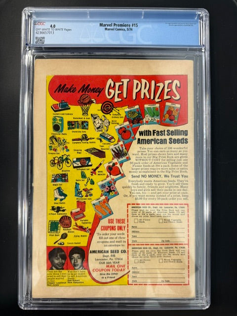 Marvel Premiere #15, CGC 4.0, OFF-WHITE to WHITE PAGES, Marvel Comics