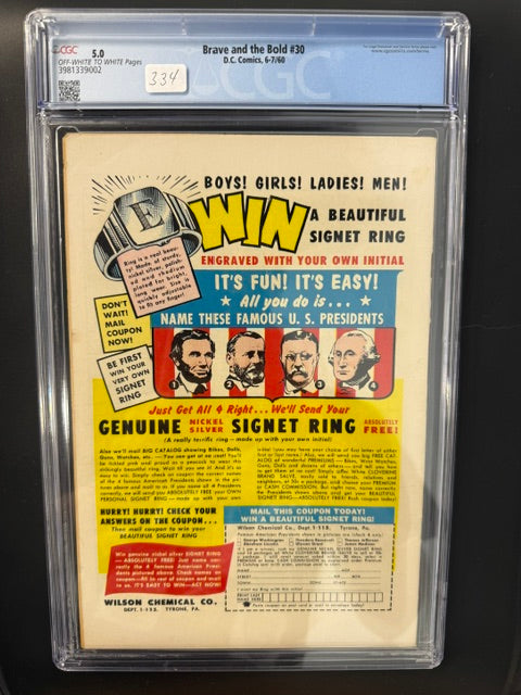 The Brave and the Bold #30, CGC 5.0, OFF-WHITE to WHITE PAGES, D.C. Comics